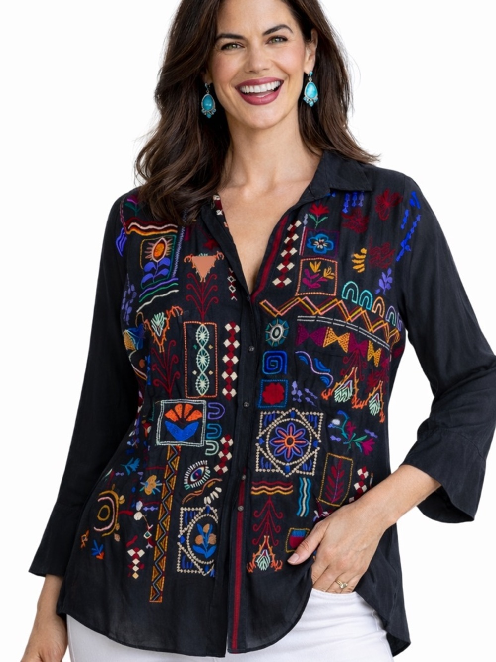 Johnny Was Campos heavily embroidered silk shirt NWT